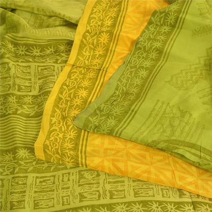 Sanskriti Vintage Sarees Yellow/Green Pure Crepe Silk Printed Sari 5yd Fabric