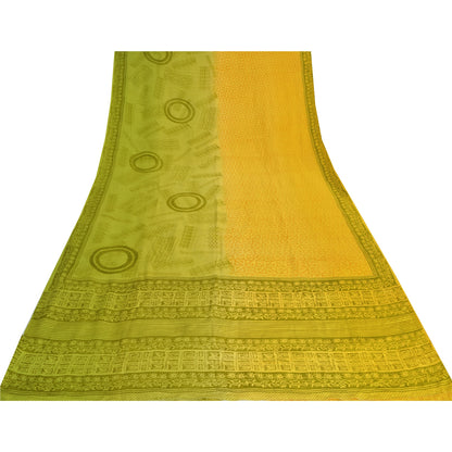 Sanskriti Vintage Sarees Yellow/Green Pure Crepe Silk Printed Sari 5yd Fabric