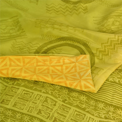 Sanskriti Vintage Sarees Yellow/Green Pure Crepe Silk Printed Sari 5yd Fabric