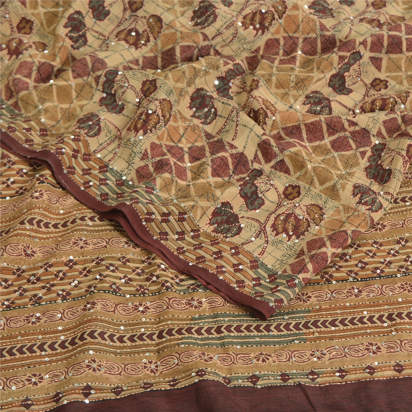 Sanskriti Vintage Sarees Multi Pure Crepe Hand Beaded Kantha Printed Sari Fabric