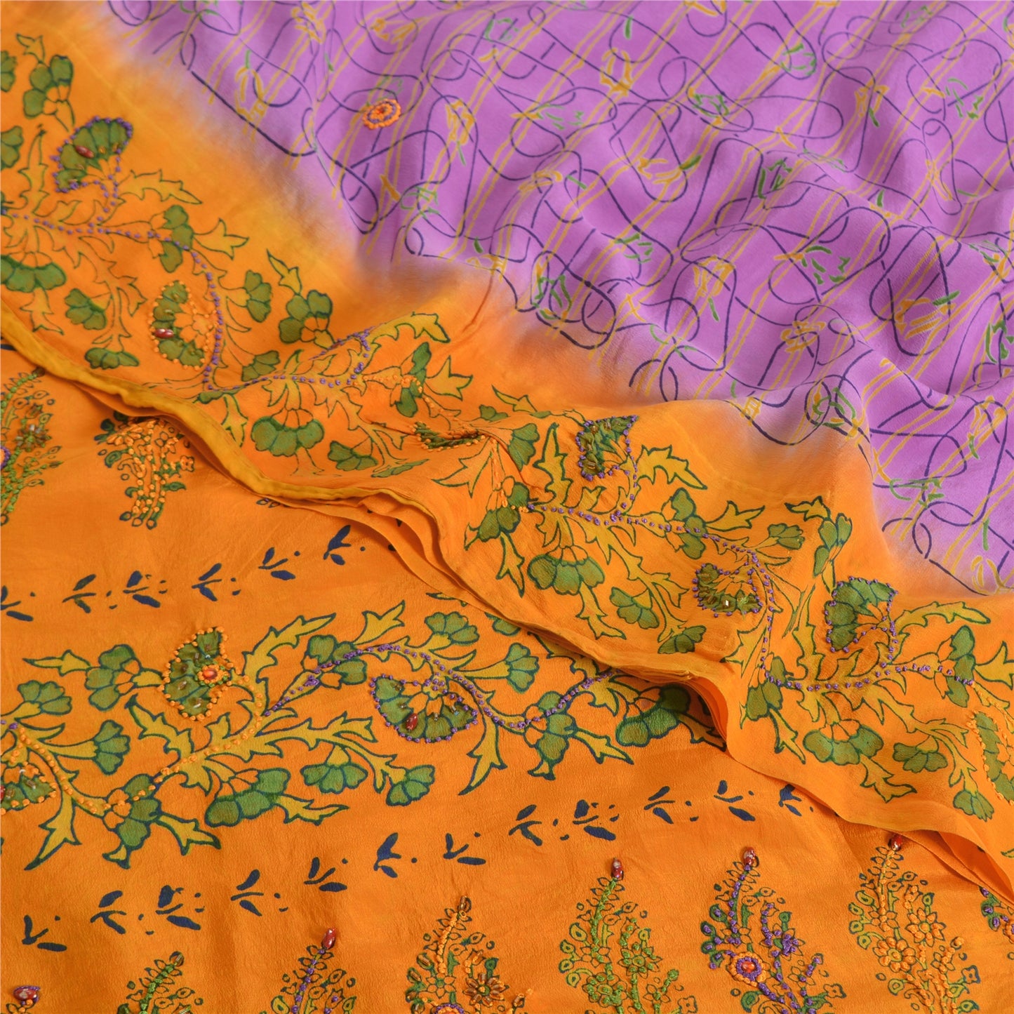 Sanskriti Vintage Sarees Purple/Yellow Pure Crepe Printed Sari 5yd Craft Fabric