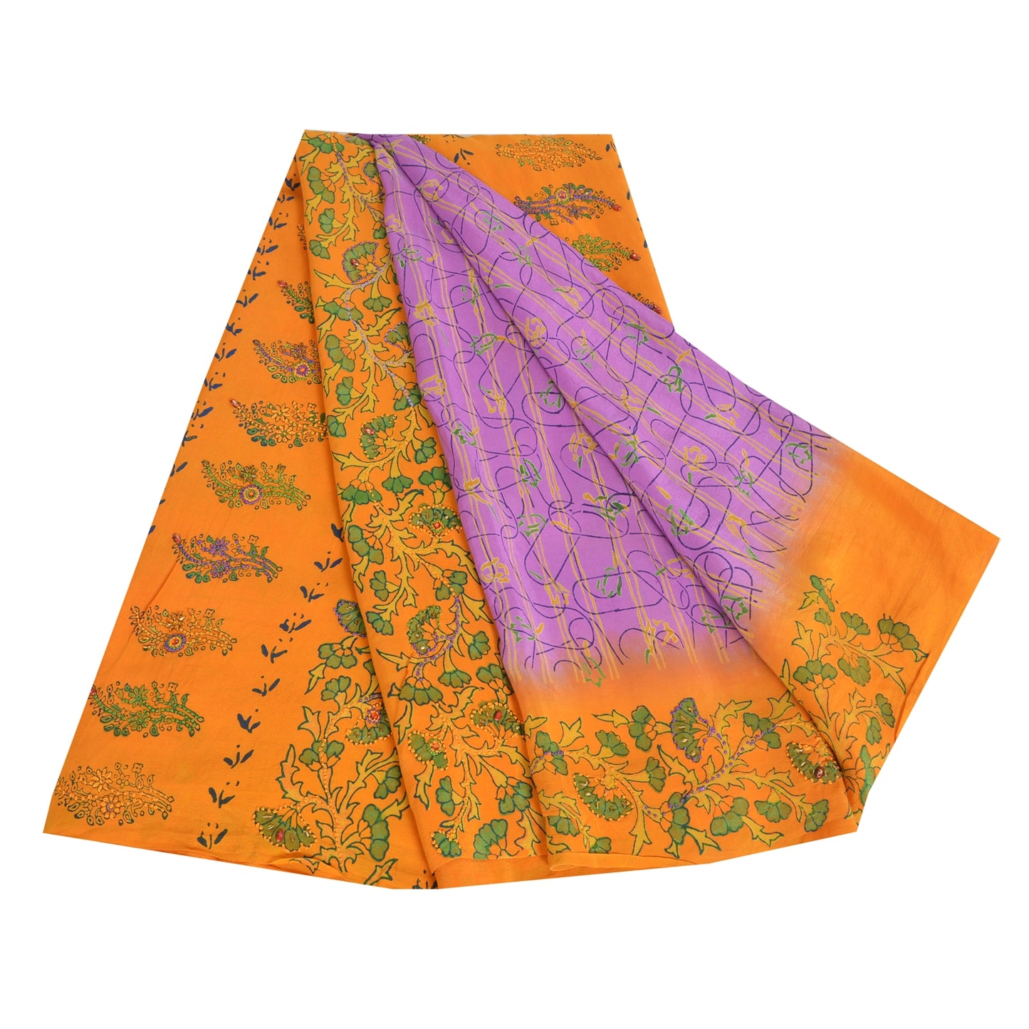 Sanskriti Vintage Sarees Purple/Yellow Pure Crepe Printed Sari 5yd Craft Fabric