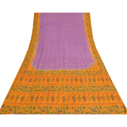 Sanskriti Vintage Sarees Purple/Yellow Pure Crepe Printed Sari 5yd Craft Fabric