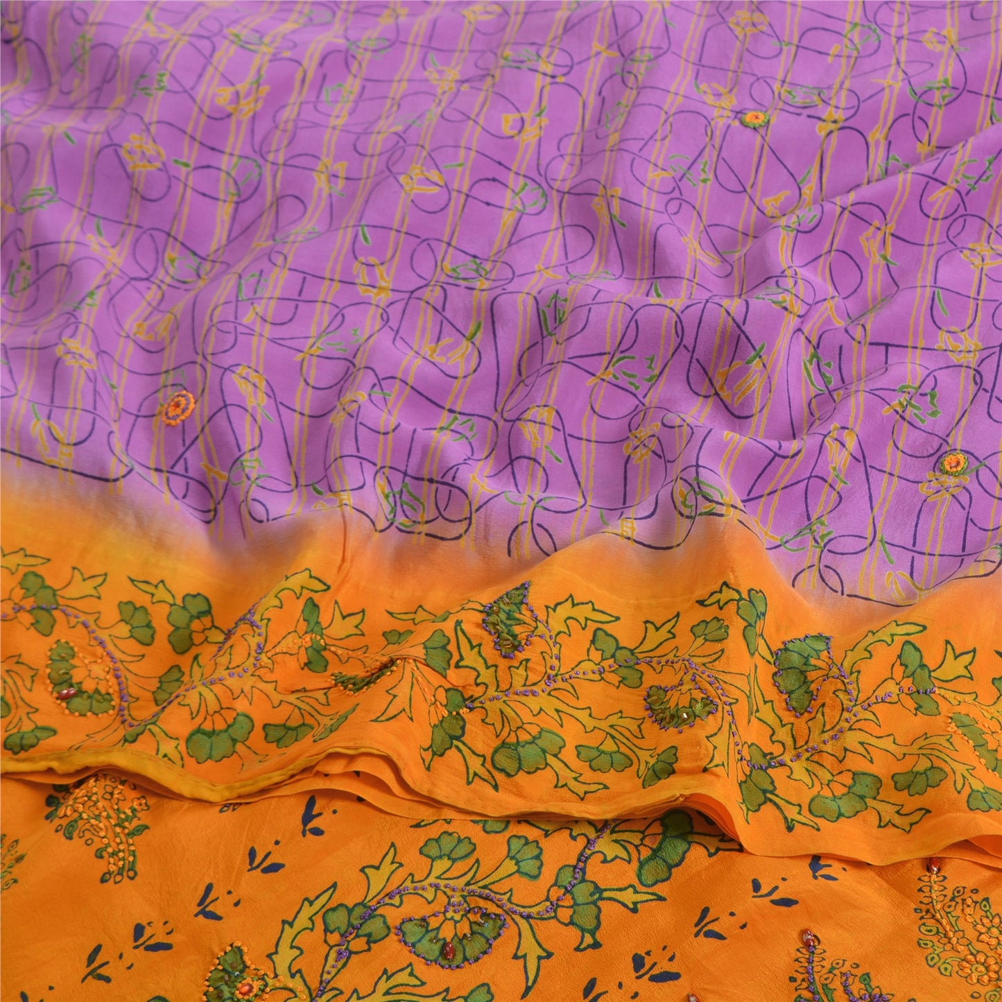 Sanskriti Vintage Sarees Purple/Yellow Pure Crepe Printed Sari 5yd Craft Fabric