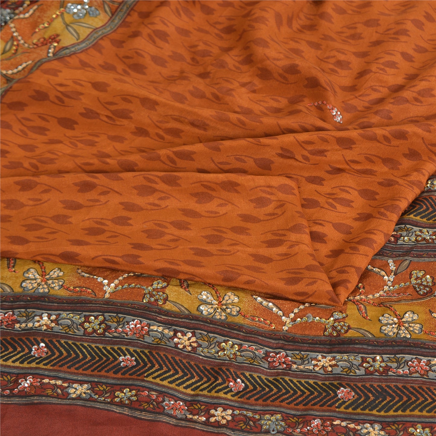 Sanskriti Vintage Sarees Saffron Pure Crepe Hand Embroidered Printed Sari Fabric