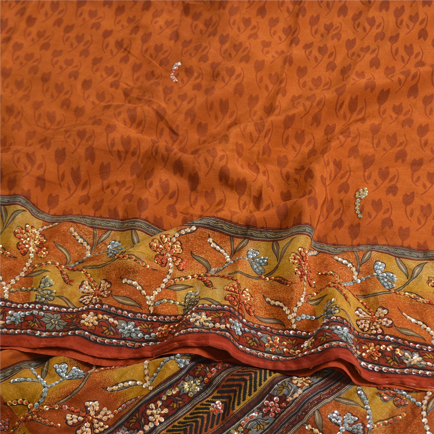 Sanskriti Vintage Sarees Saffron Pure Crepe Hand Embroidered Printed Sari Fabric