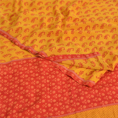 Sanskriti Vintage Sarees Yellow/Red Pure Crepe Block Print Sari 5yd Craft Fabric