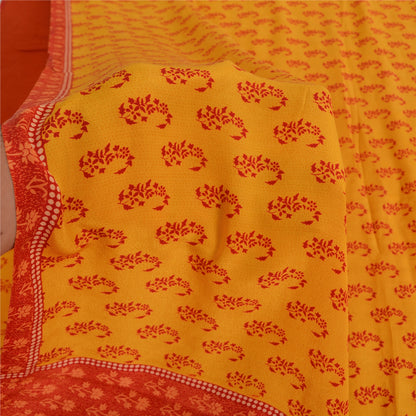 Sanskriti Vintage Sarees Yellow/Red Pure Crepe Block Print Sari 5yd Craft Fabric