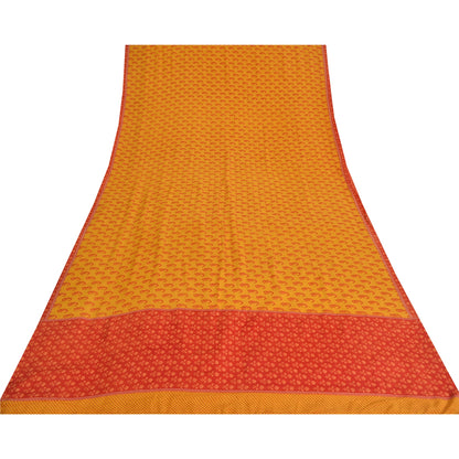 Sanskriti Vintage Sarees Yellow/Red Pure Crepe Block Print Sari 5yd Craft Fabric