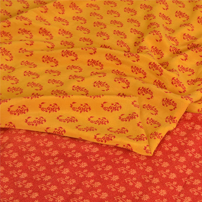 Sanskriti Vintage Sarees Yellow/Red Pure Crepe Block Print Sari 5yd Craft Fabric