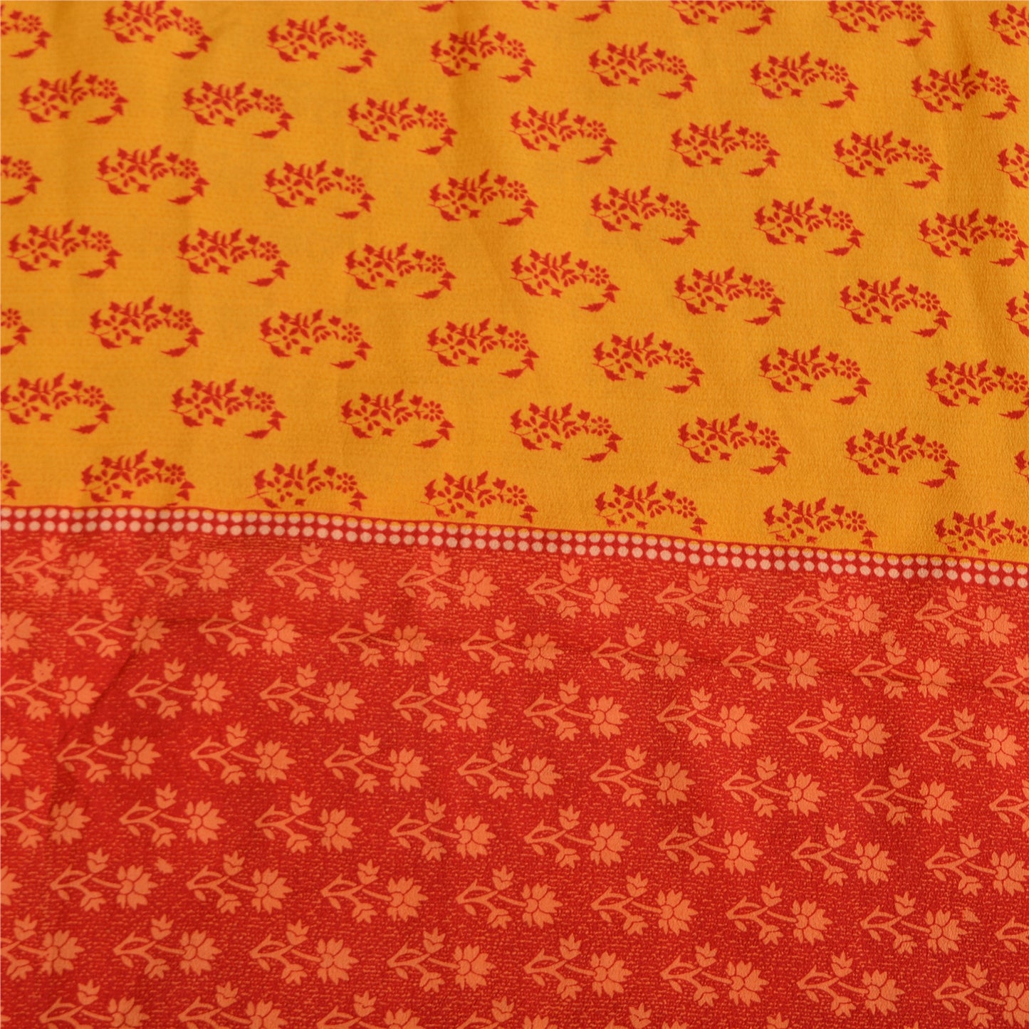 Sanskriti Vintage Sarees Yellow/Red Pure Crepe Block Print Sari 5yd Craft Fabric