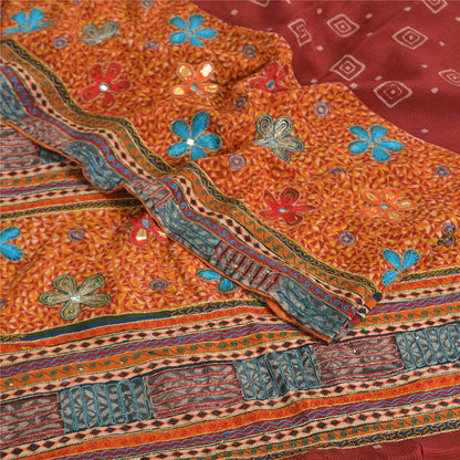 Sanskriti Vintage Sarees Red/Orange Hand Embroidery Print Pure Crepe Sari Fabric