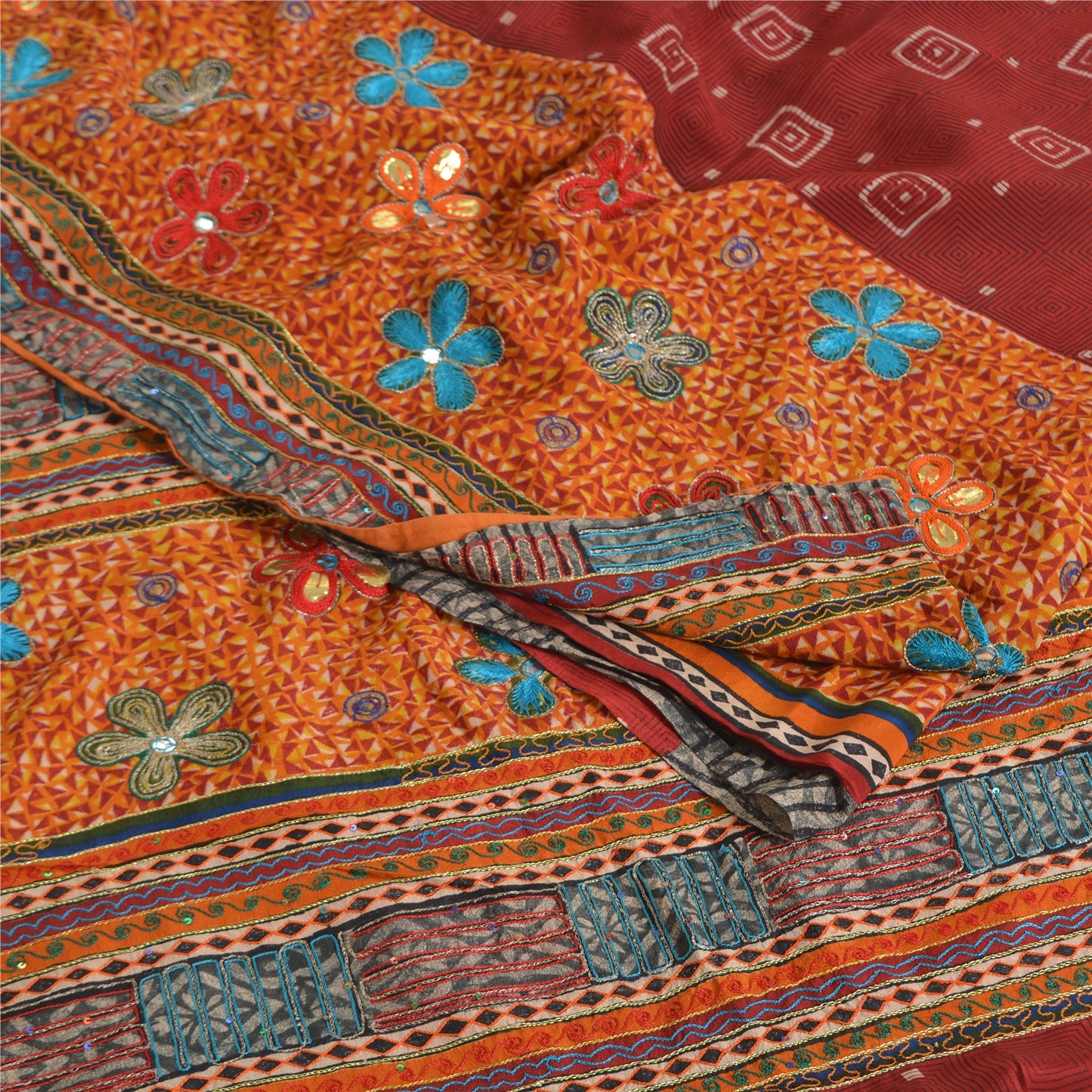 Sanskriti Vintage Sarees Red/Orange Hand Embroidery Print Pure Crepe Sari Fabric