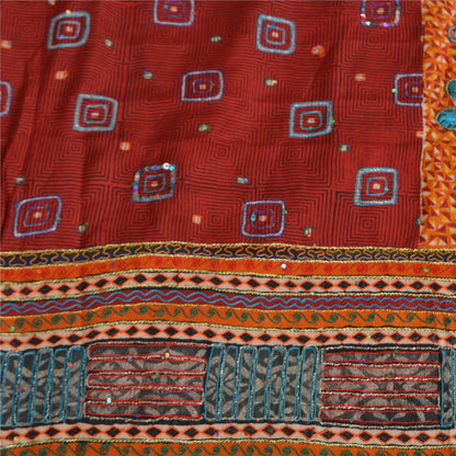 Sanskriti Vintage Sarees Red/Orange Hand Embroidery Print Pure Crepe Sari Fabric