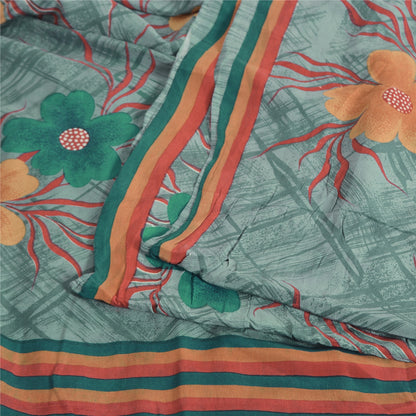 Sanskriti Vintage Sarees Dusty Green Pure Crepe Silk Print Sari 5yd Craft Fabric