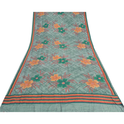 Sanskriti Vintage Sarees Dusty Green Pure Crepe Silk Print Sari 5yd Craft Fabric