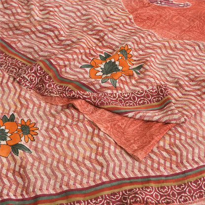 Sanskriti Vintage Sarees Peach 100% Pure Crepe Silk Print Sari 5yd Craft Fabric