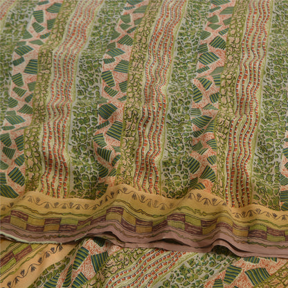 Sanskriti Vintage Sarees Green Pure Crepe Silk Printed Sari 5yd Craft Fabric