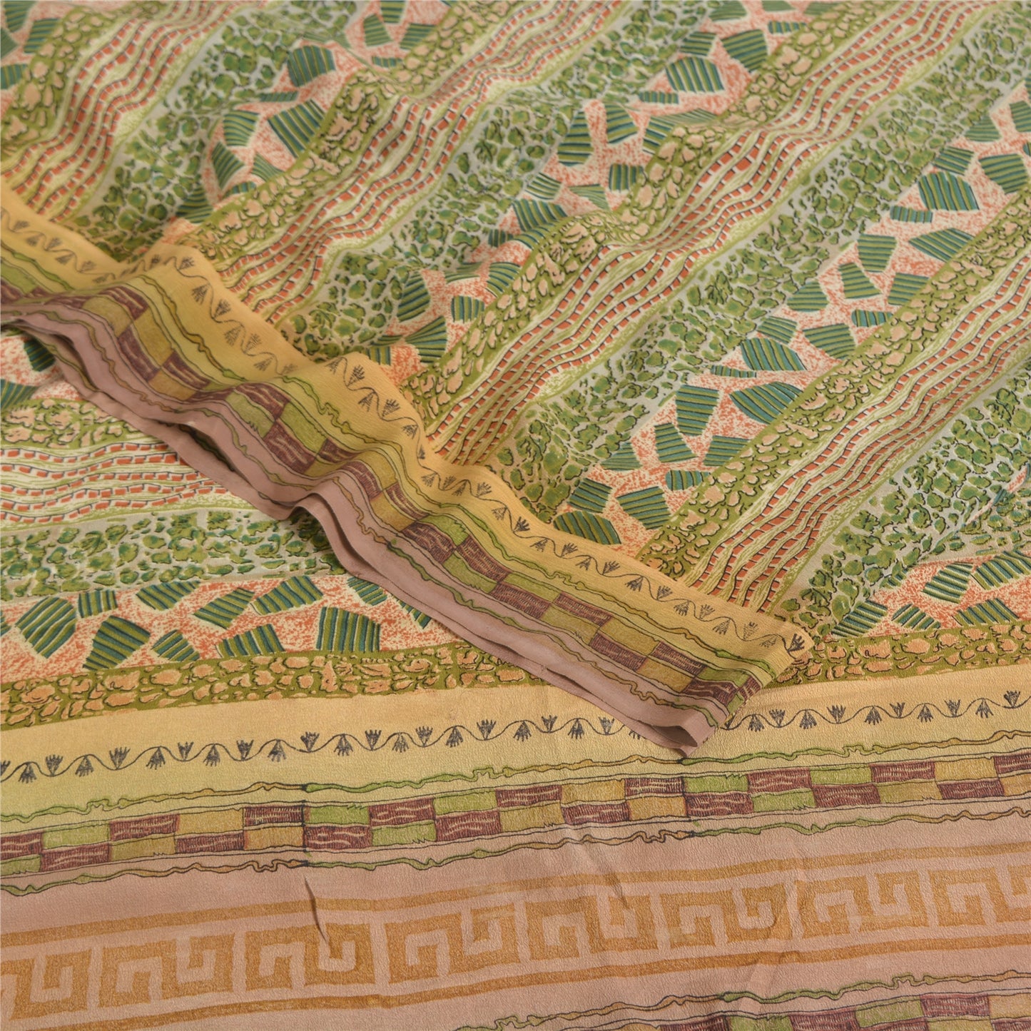 Sanskriti Vintage Sarees Green Pure Crepe Silk Printed Sari 5yd Craft Fabric