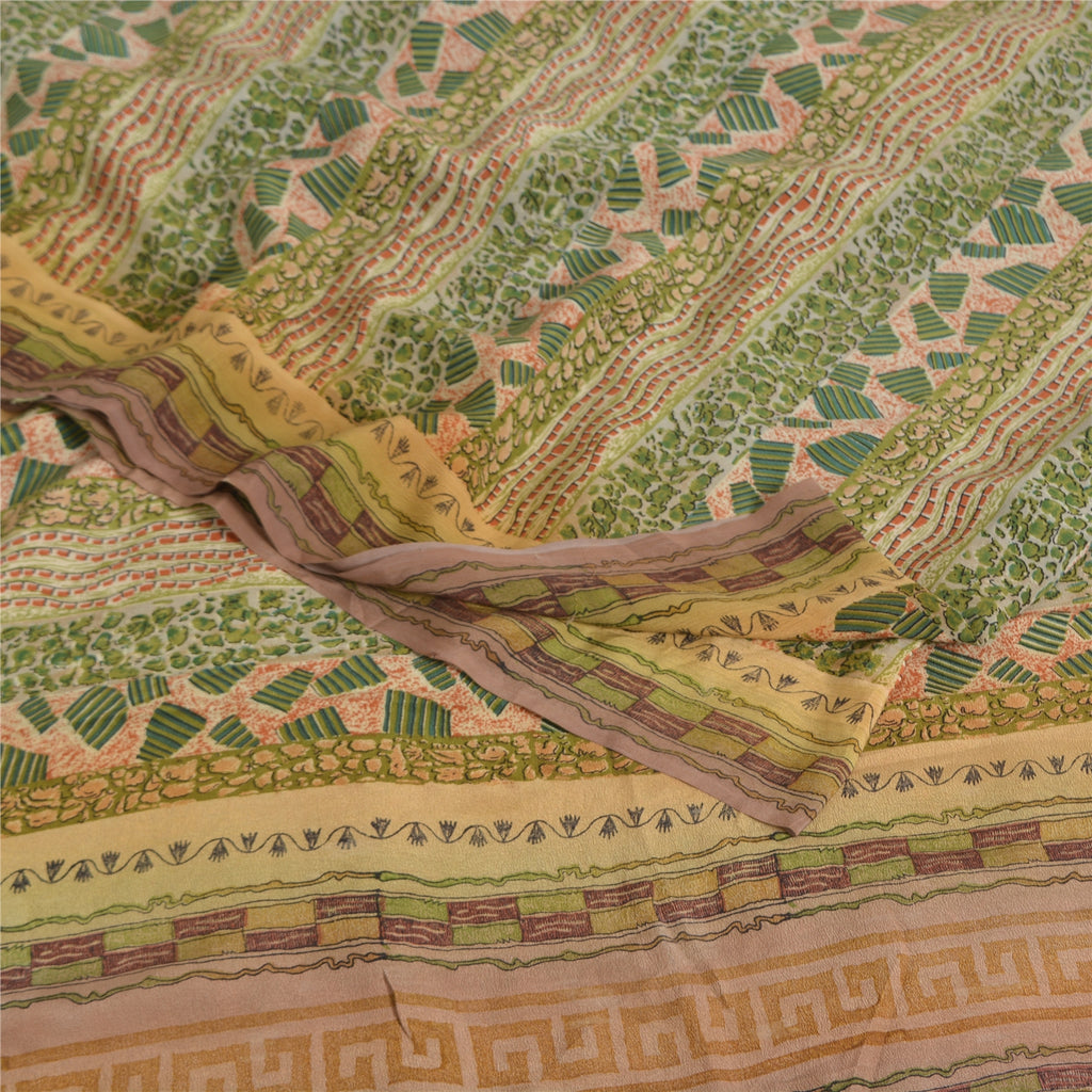 Sanskriti Vintage Sarees Green Pure Crepe Silk Printed Sari 5yd Craft Fabric