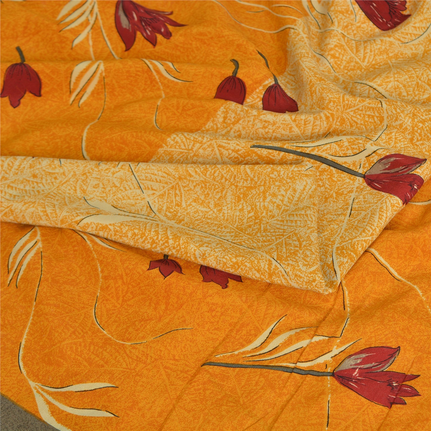 Sanskriti Vintage Sarees Pure Crepe Yellow/Saffron Printed Sari 5yd Craft Fabric