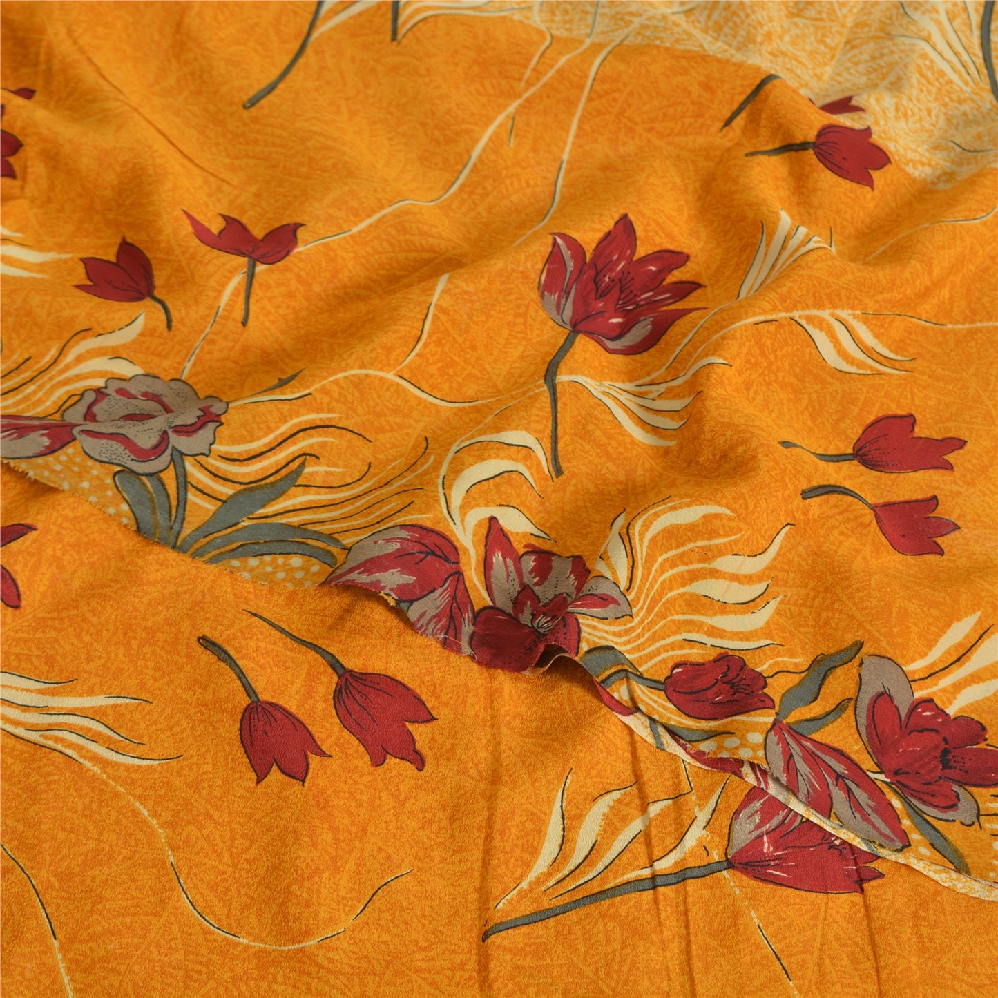 Sanskriti Vintage Sarees Pure Crepe Yellow/Saffron Printed Sari 5yd Craft Fabric