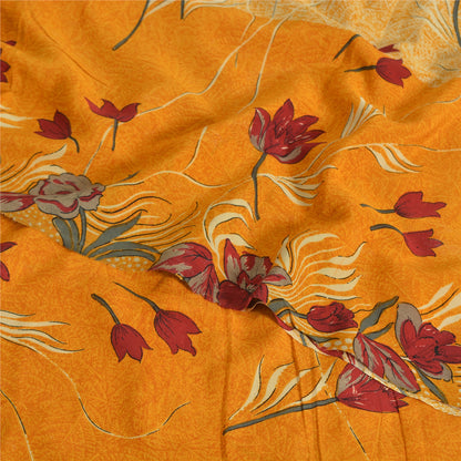 Sanskriti Vintage Sarees Pure Crepe Yellow/Saffron Printed Sari 5yd Craft Fabric