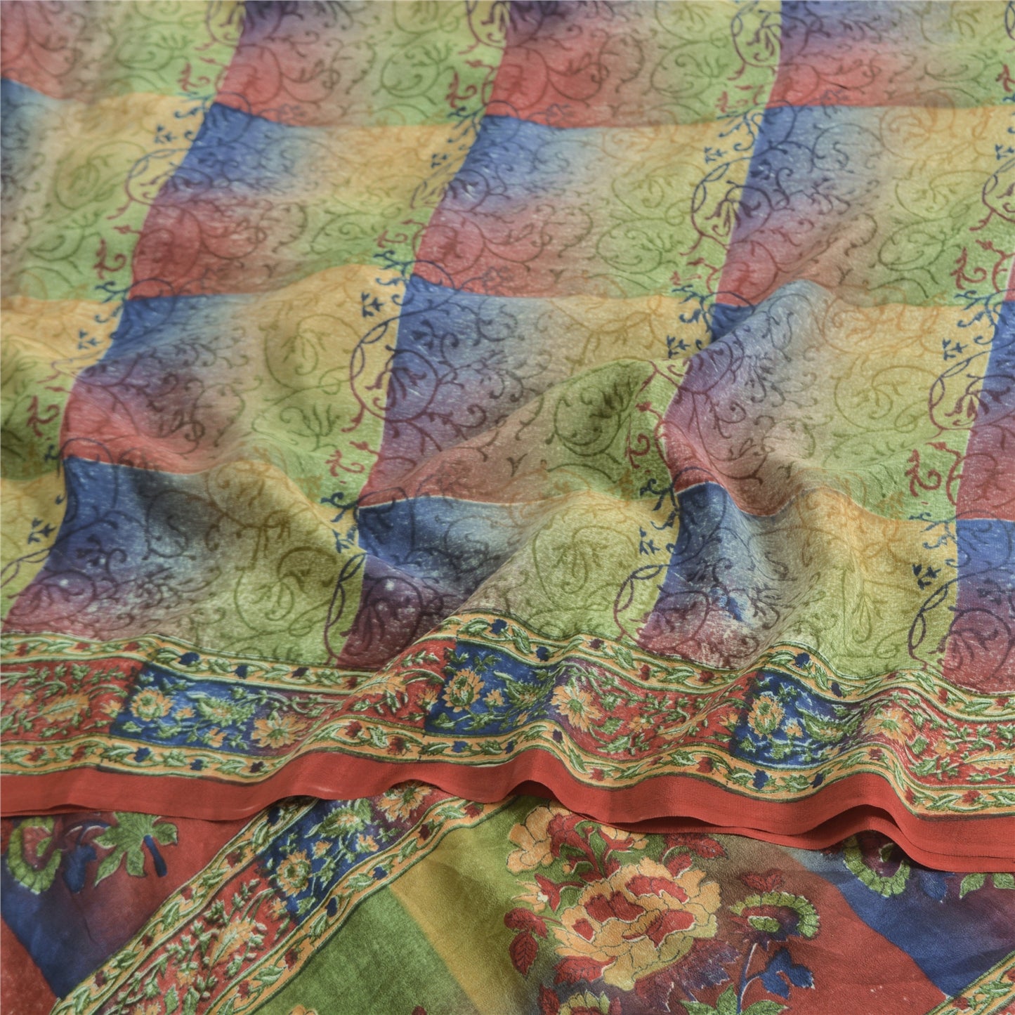 Sanskriti Vintage Sarees Multi Pure Crepe Silk Printed Sari 5yd Craft Fabric