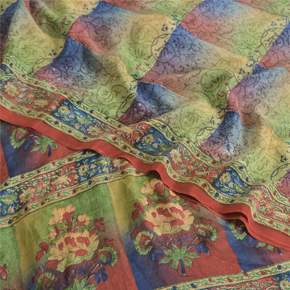 Sanskriti Vintage Sarees Multi Pure Crepe Silk Printed Sari 5yd Craft Fabric