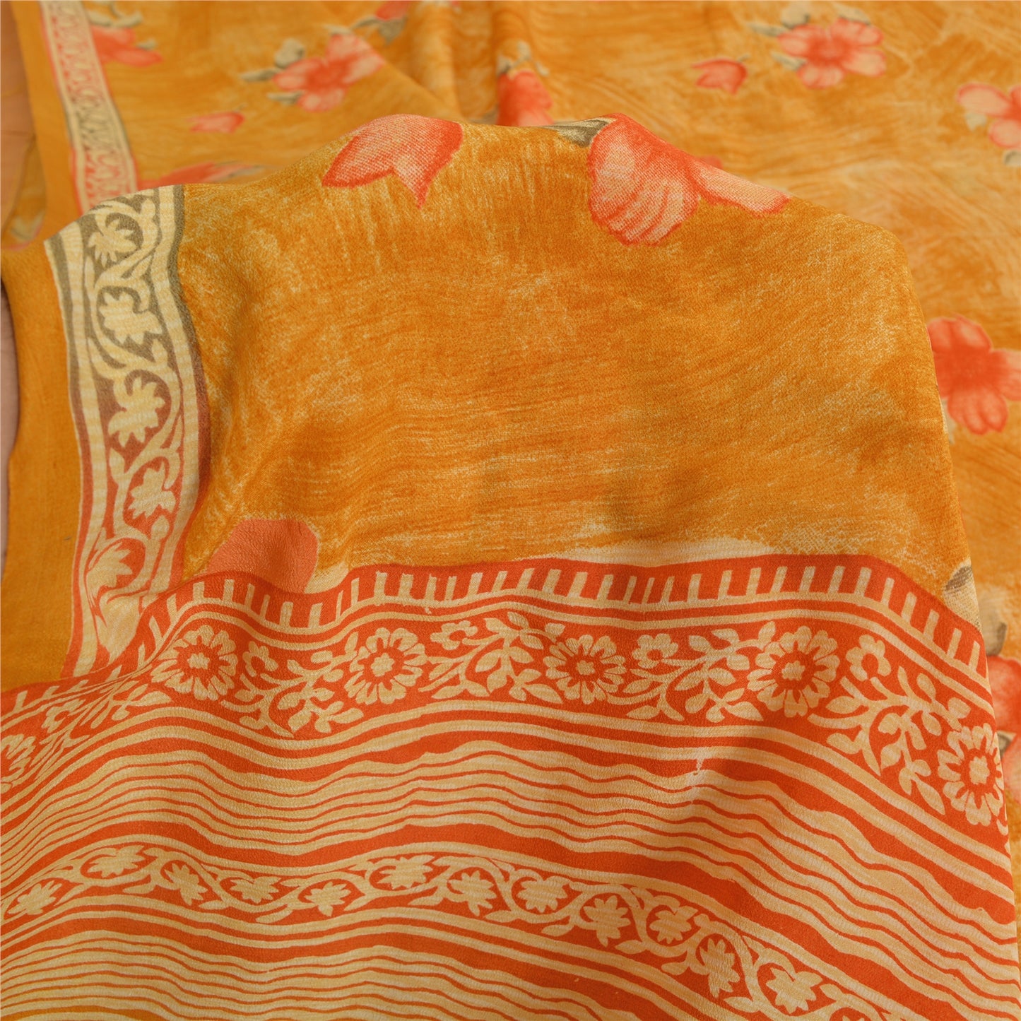 Sanskriti Vintage Sarees Yellow Pure Crepe Silk Printed Sari 5yd Craft Fabric