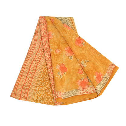 Sanskriti Vintage Sarees Yellow Pure Crepe Silk Printed Sari 5yd Craft Fabric