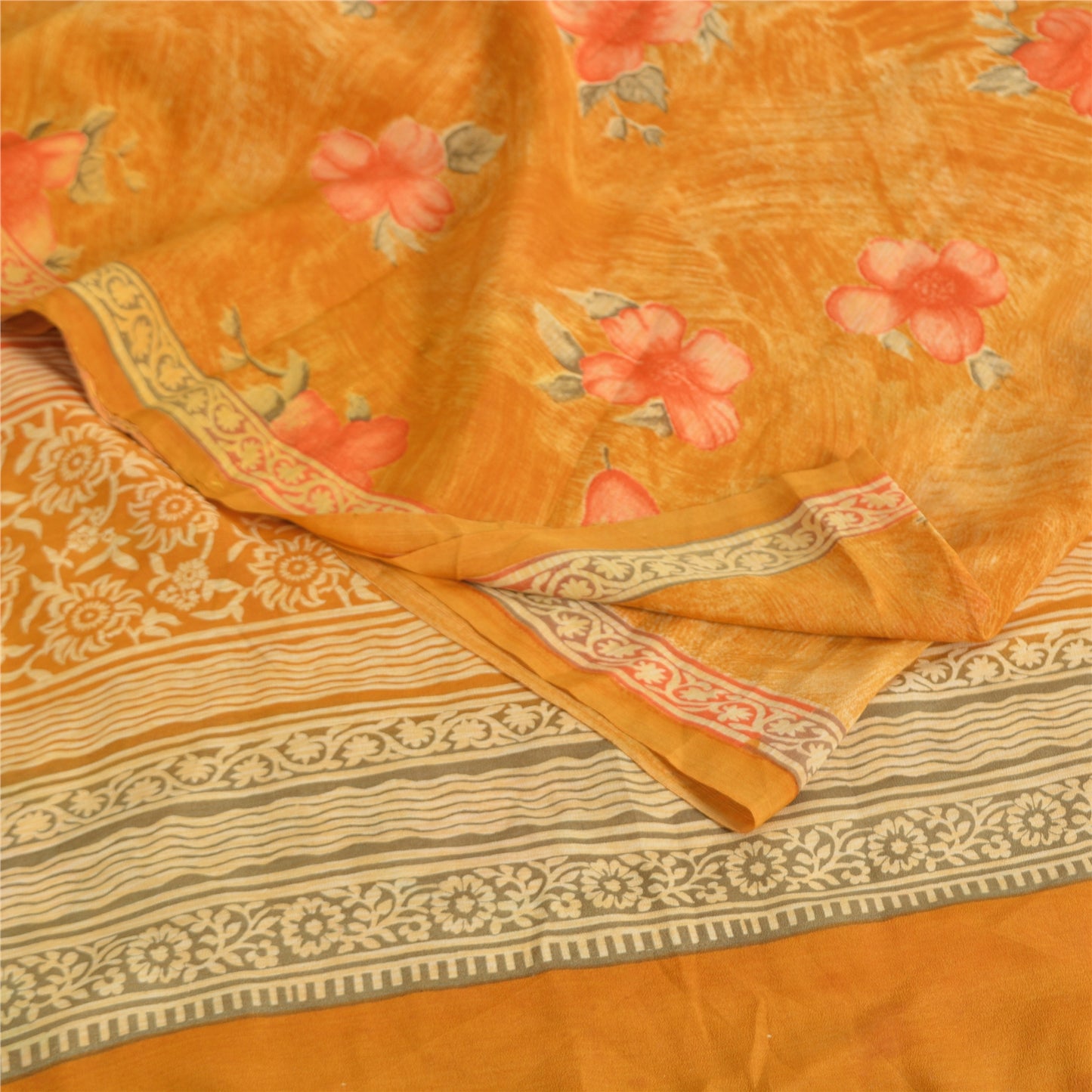 Sanskriti Vintage Sarees Yellow Pure Crepe Silk Printed Sari 5yd Craft Fabric