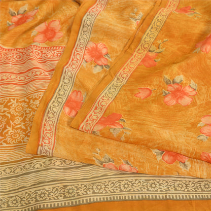 Sanskriti Vintage Sarees Yellow Pure Crepe Silk Printed Sari 5yd Craft Fabric