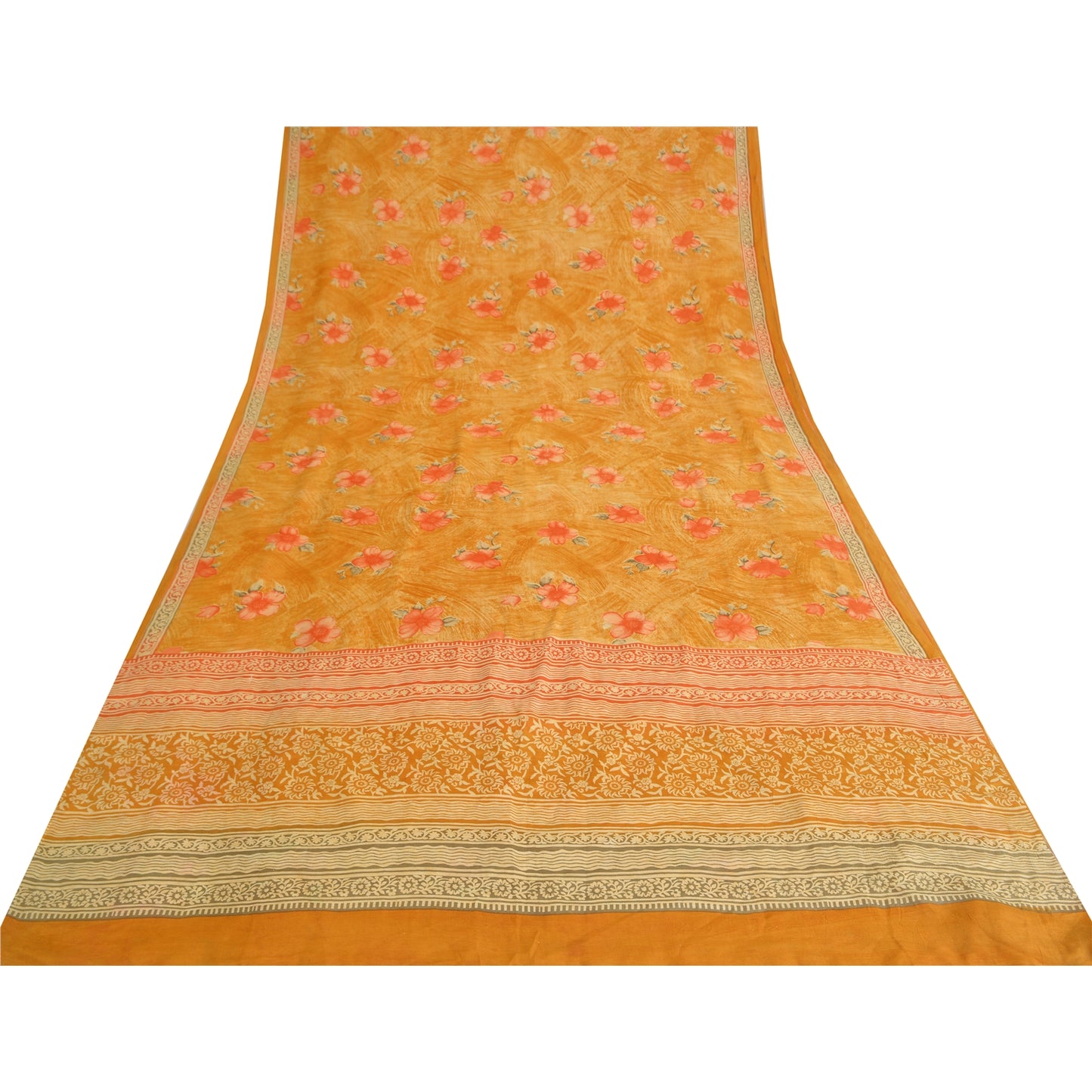 Sanskriti Vintage Sarees Yellow Pure Crepe Silk Printed Sari 5yd Craft Fabric