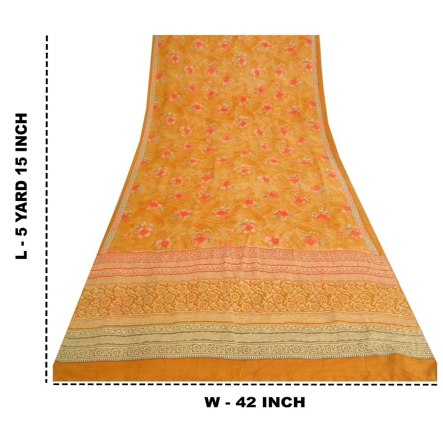 Sanskriti Vintage Sarees Yellow Pure Crepe Silk Printed Sari 5yd Craft Fabric