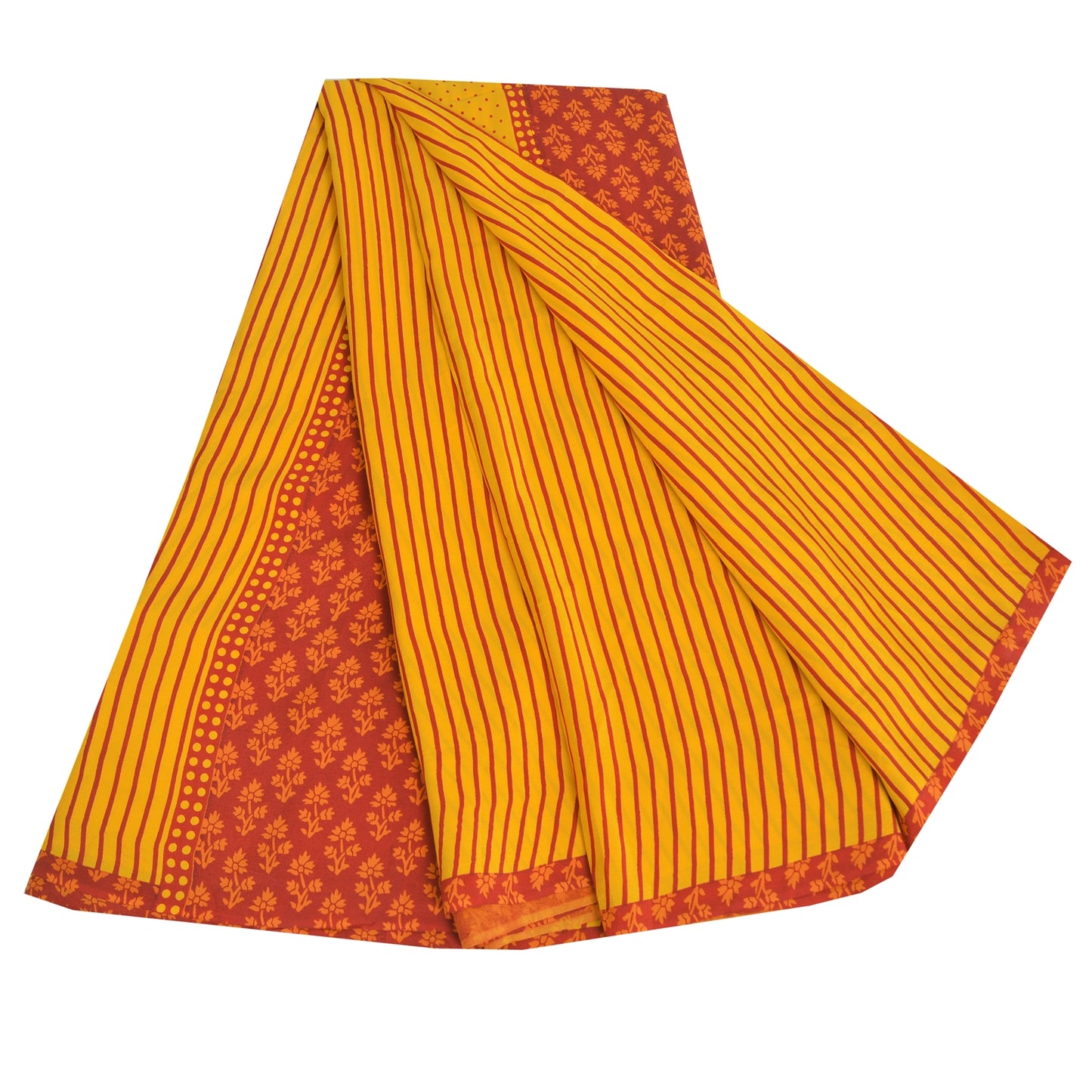 Sanskriti Vintage Sarees Yellow/Red Pure Crepe Silk Print Sari 5yd Craft Fabric