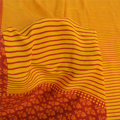 Sanskriti Vintage Sarees Yellow/Red Pure Crepe Silk Print Sari 5yd Craft Fabric