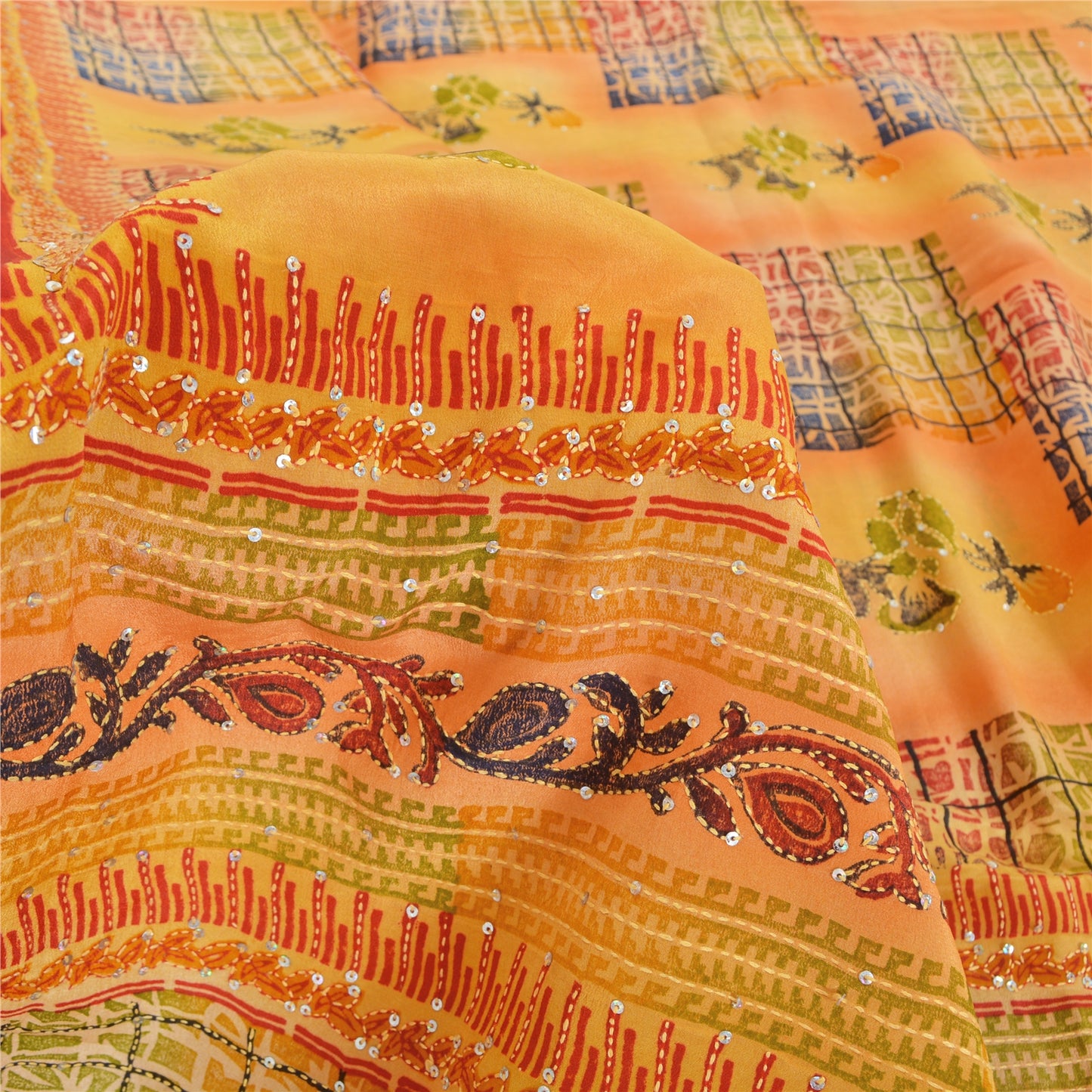 Sanskriti Vintage Sarees Pure Crepe Hand Beaded Kantha Printed Sari 5yd Fabric