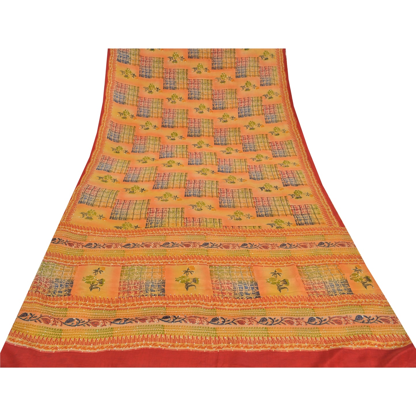 Sanskriti Vintage Sarees Pure Crepe Hand Beaded Kantha Printed Sari 5yd Fabric