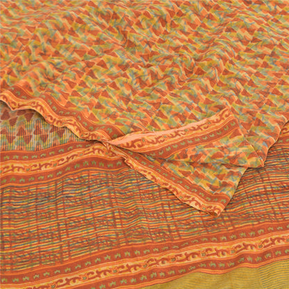 Sanskriti Vintage Sarees Orange Pure Crepe Silk Printed Sari 5yd Craft Fabric