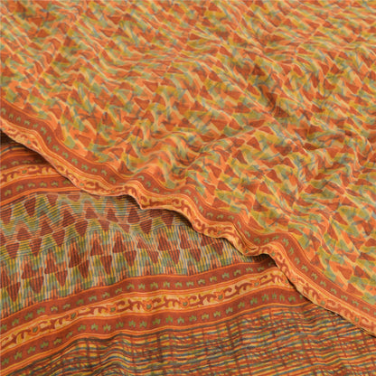 Sanskriti Vintage Sarees Orange Pure Crepe Silk Printed Sari 5yd Craft Fabric