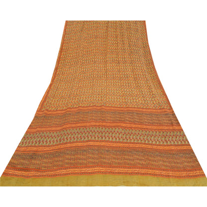 Sanskriti Vintage Sarees Orange Pure Crepe Silk Printed Sari 5yd Craft Fabric