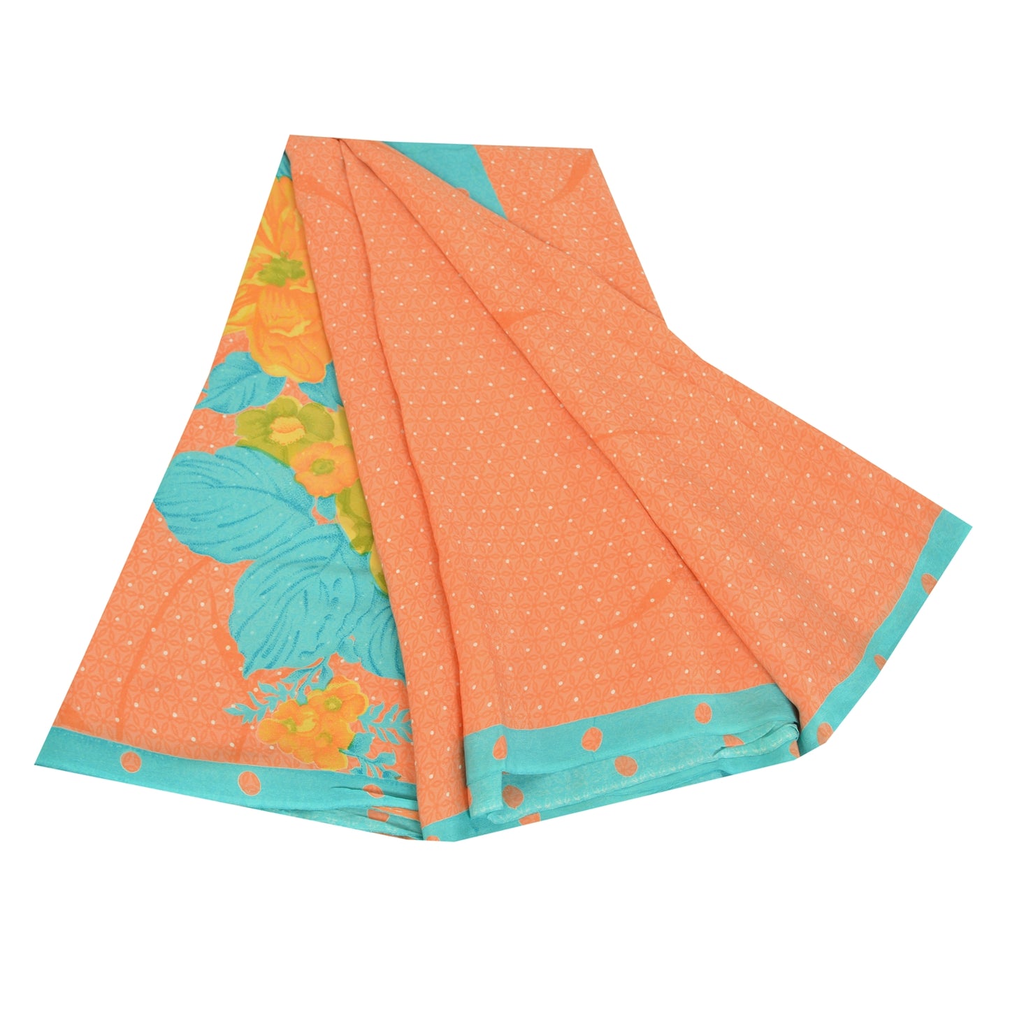 Sanskriti Vintage Sarees Orange Pure Crepe Silk Printed Sari 5yd Craft Fabric