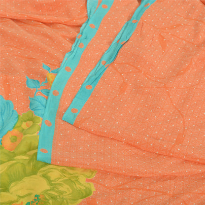 Sanskriti Vintage Sarees Orange Pure Crepe Silk Printed Sari 5yd Craft Fabric