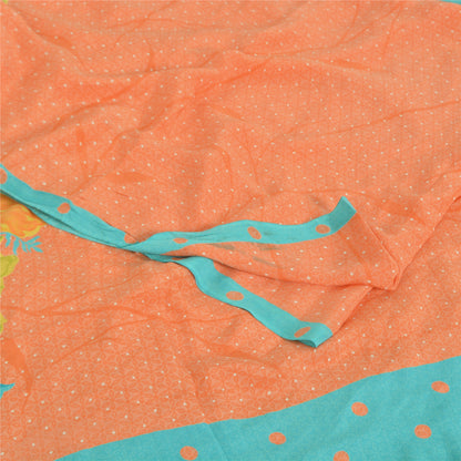 Sanskriti Vintage Sarees Orange Pure Crepe Silk Printed Sari 5yd Craft Fabric