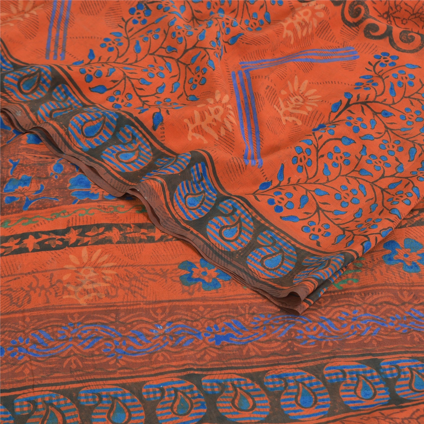 Sanskriti Vintage Sarees Orange Pure Crepe Silk Printed Sari 5yd Craft Fabric