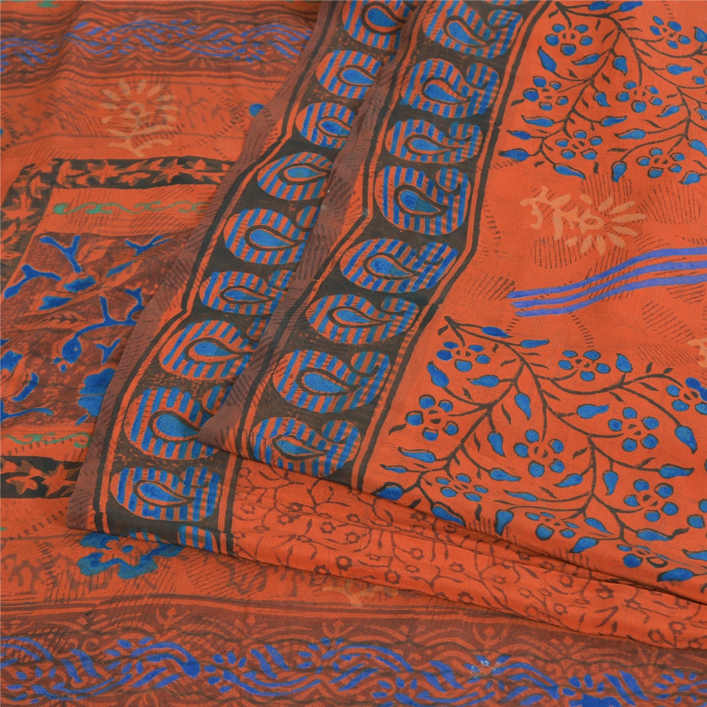 Sanskriti Vintage Sarees Orange Pure Crepe Silk Printed Sari 5yd Craft Fabric