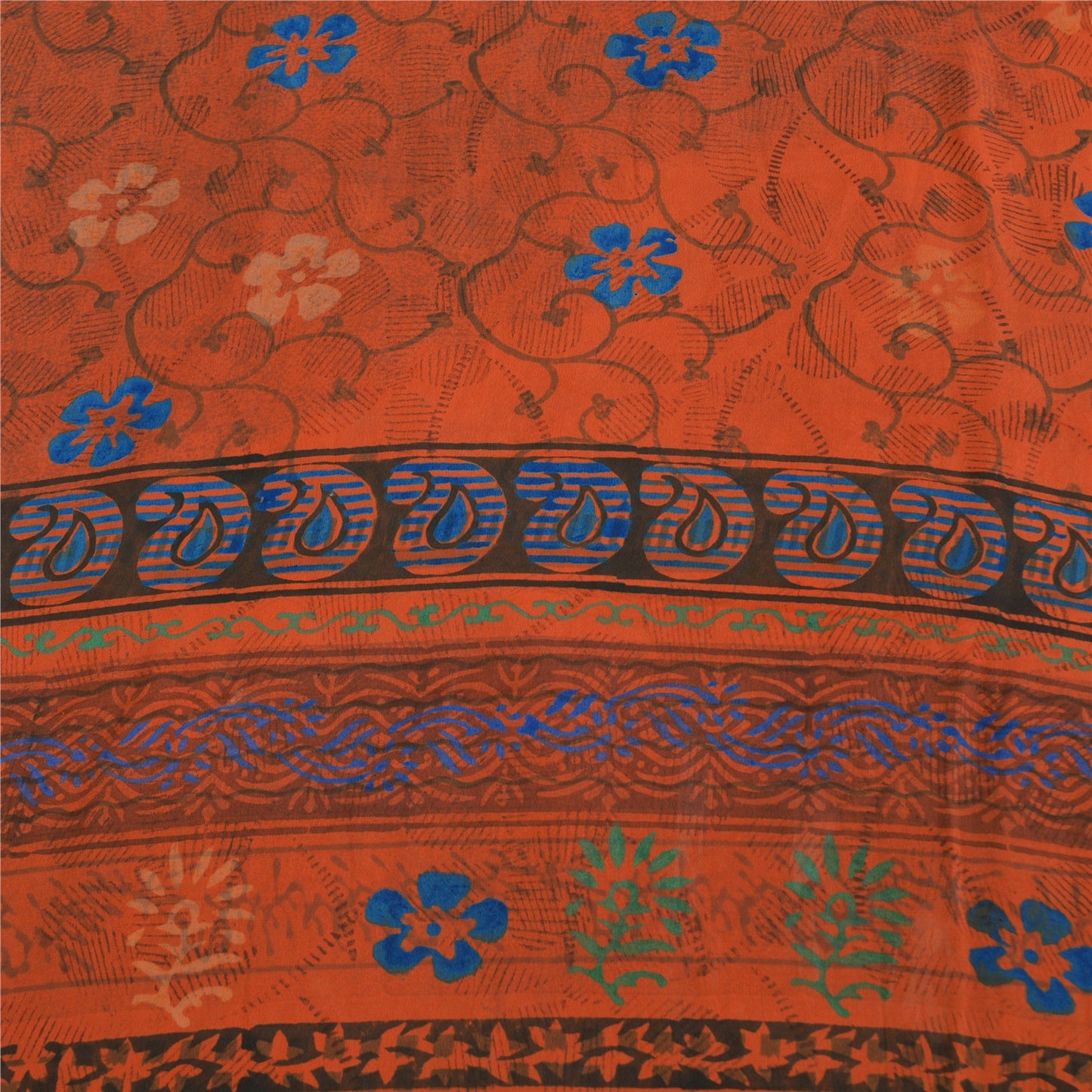 Sanskriti Vintage Sarees Orange Pure Crepe Silk Printed Sari 5yd Craft Fabric