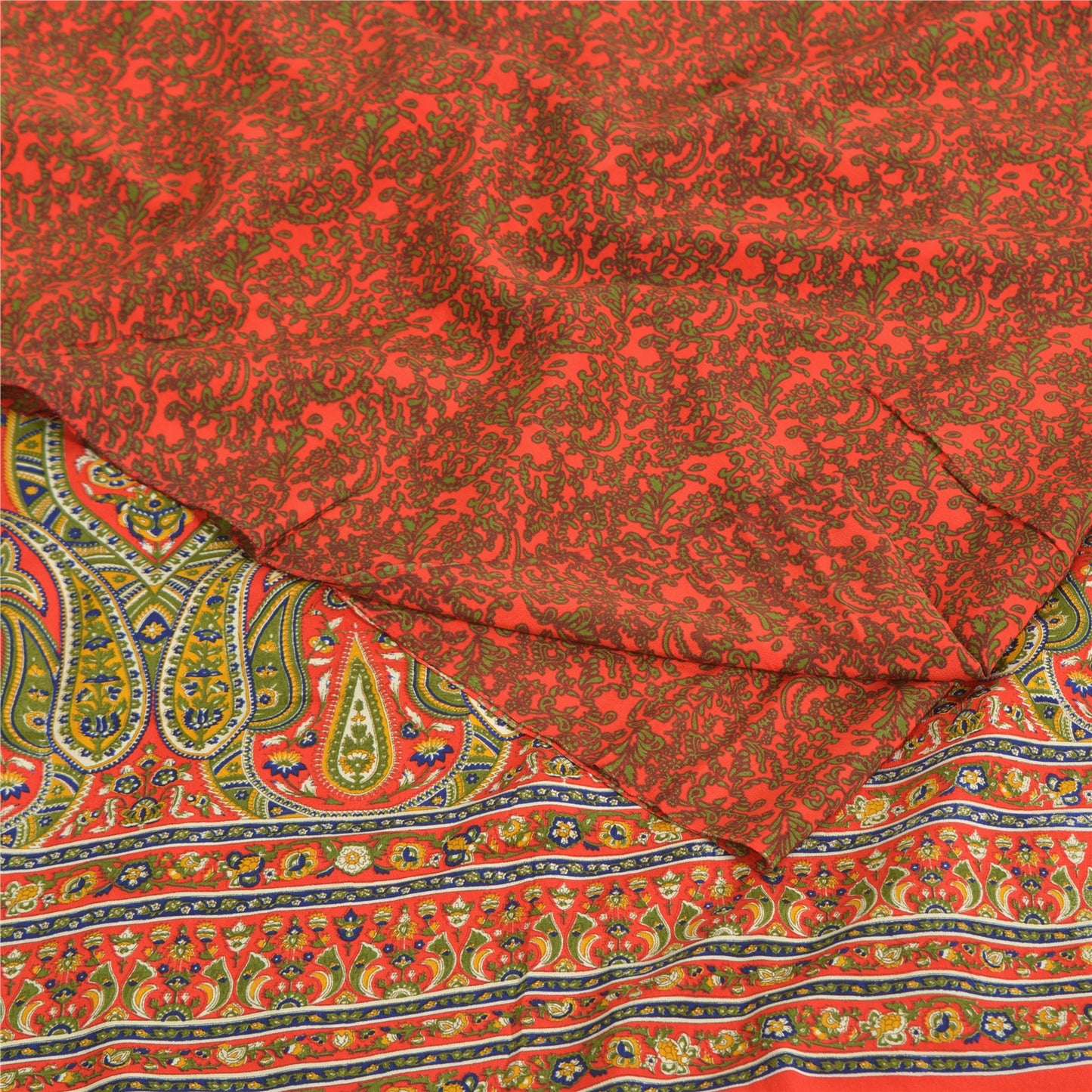 Sanskriti Vintage Sarees Orange/Green Pure Crepe Printed Sari 5yd Craft Fabric