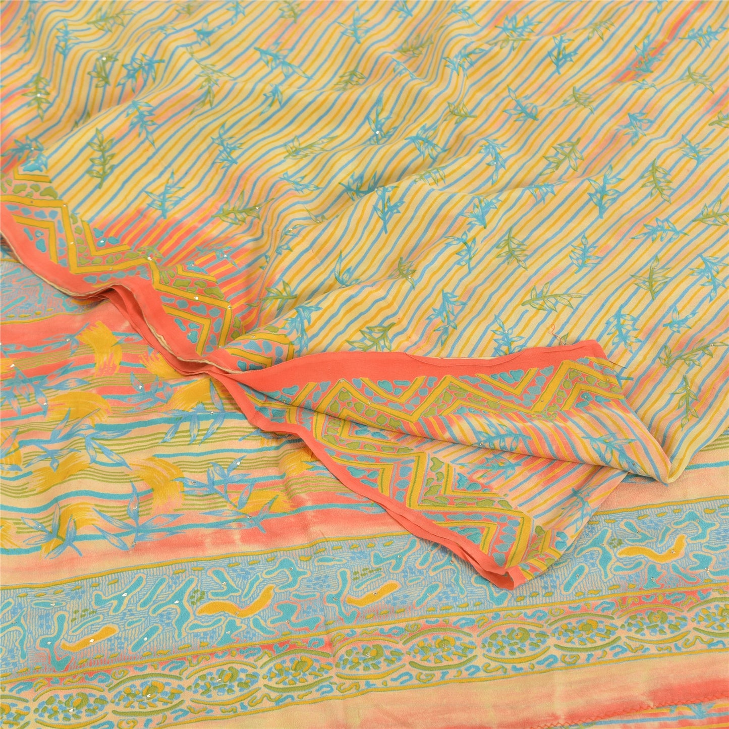 Sanskriti Vintage Sarees Cream 100%Pure Crepe Silk Printed Sari 5yd Craft Fabric